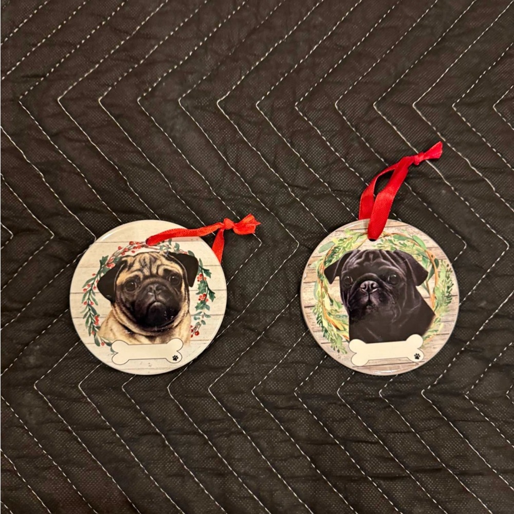 E&S Pets ceramic pug Christmas ornaments